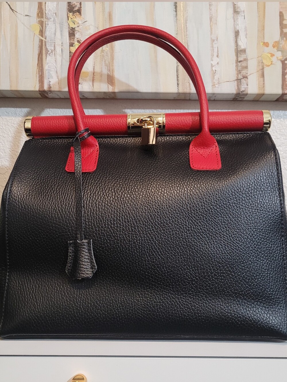 Borse In Pelle Black and Red Leather Top-Handle Women’s Bag Strap. Lock &   Key